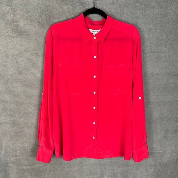 Tommy Bahama Top Women Large Pink June Silk Cargo Pocket Button Front Resort - Picture 1 of 11